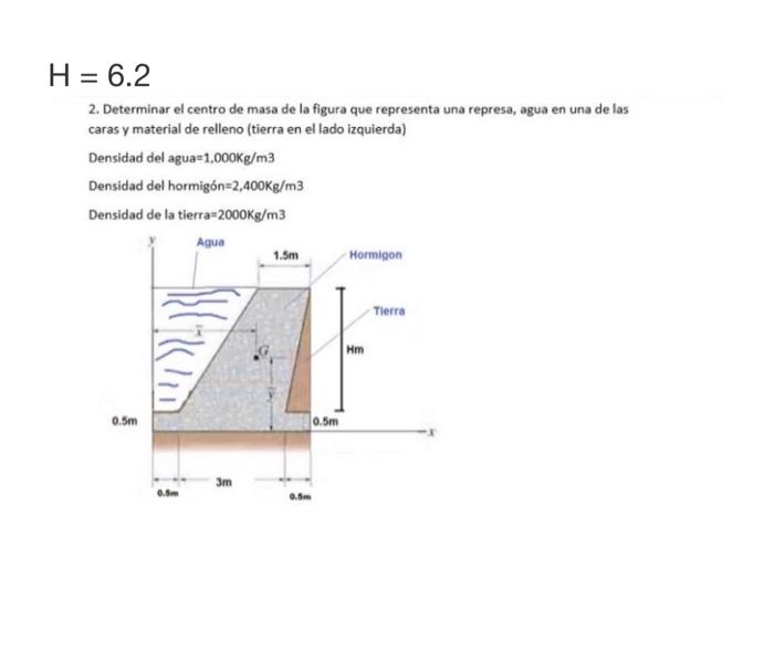 \[ H=6.2 \] 2. Determinar el centro de masa de la figura que representa una represa, agua en una de las caras y material de r