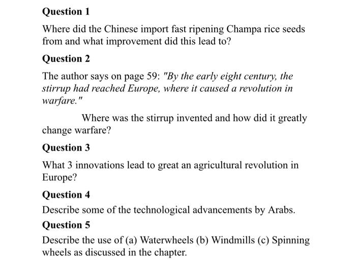 Solved Question 1 Where did the Chinese import fast ripening | Chegg.com