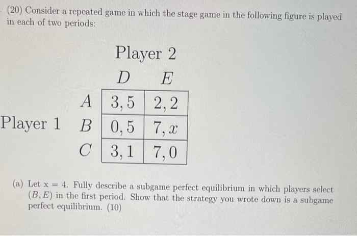 Solved - (20) Consider A Repeated Game In Which The Stage | Chegg.com