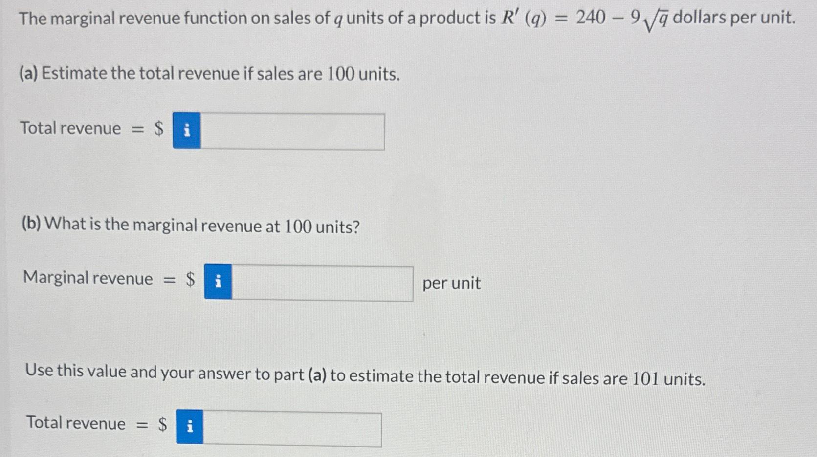 Solved The marginal revenue function on sales of q ﻿units of | Chegg.com