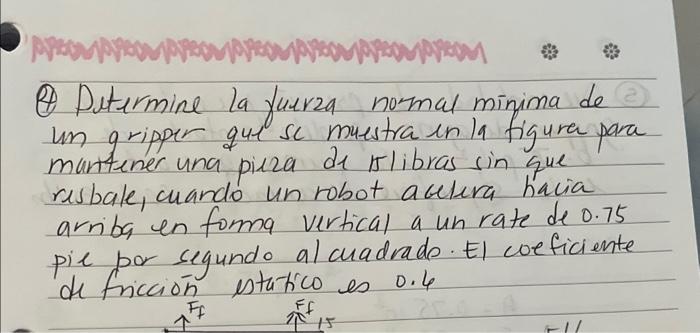 (4) Ditermine la fuerza notmal minima de in gripper qui se muestra in la figura para manttener una pieza de islibras sin que