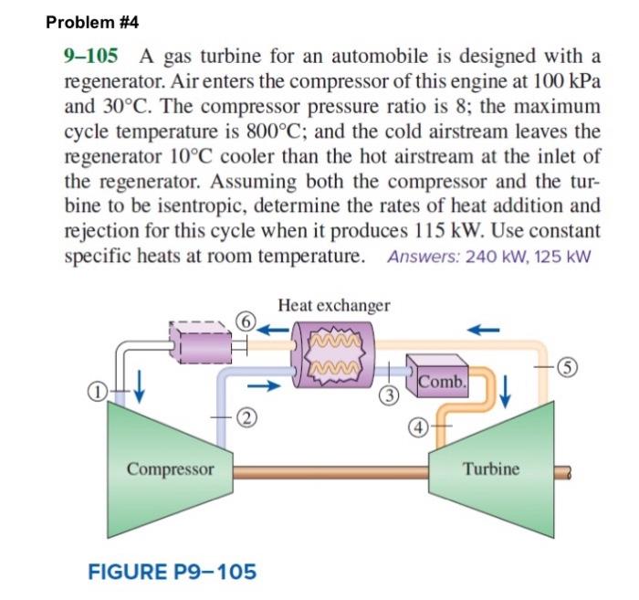 Problem #4
9-105 A gas turbine for an automobile is designed with a
regenerator. Air enters the compressor of this engine at