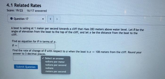 Solved 4.1 Related Rates Score: 19/23 16/17 answered | Chegg.com