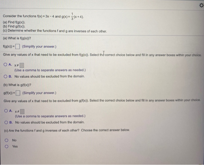 Solved Consider the functions f(x) = 3x - 4 and g(x) = (x | Chegg.com