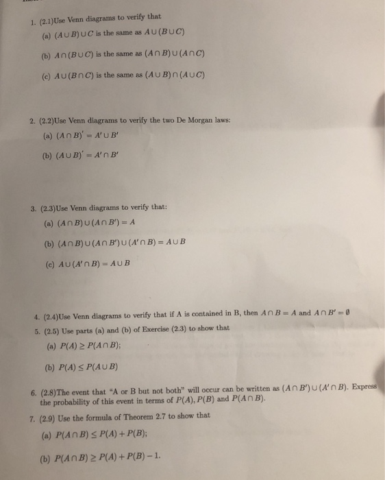 Solved 1. (2.1)Use Venn diagrams to verify that (a) (AUB) UC | Chegg.com