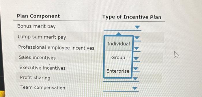 Solved Plan Component Type of Incentive Plan Bonus merit pay | Chegg.com