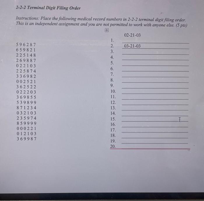 Solved 222 Terminal Digit Filing Order Instructions Place
