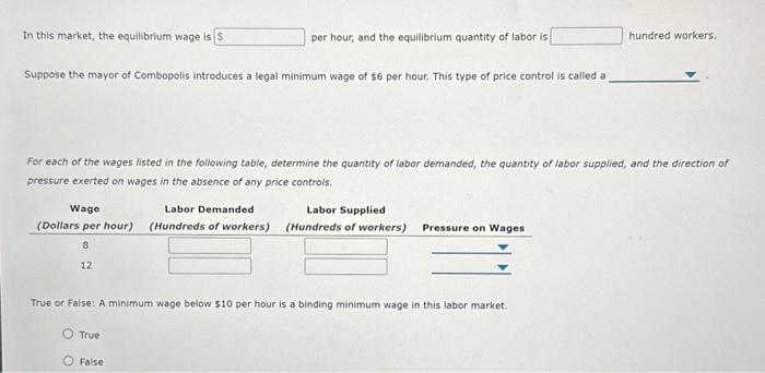 In this market, the equilbrium wage is per hour, and the equilibrium quantity of labor is hundred workers.
Suppose the mayor