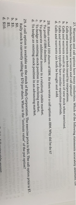 Solved 27. Warrants and call options have many similarities. | Chegg.com