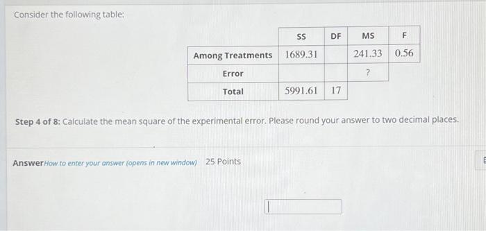 Solved Consider the following table: Step 1 of 8: Calculate | Chegg.com