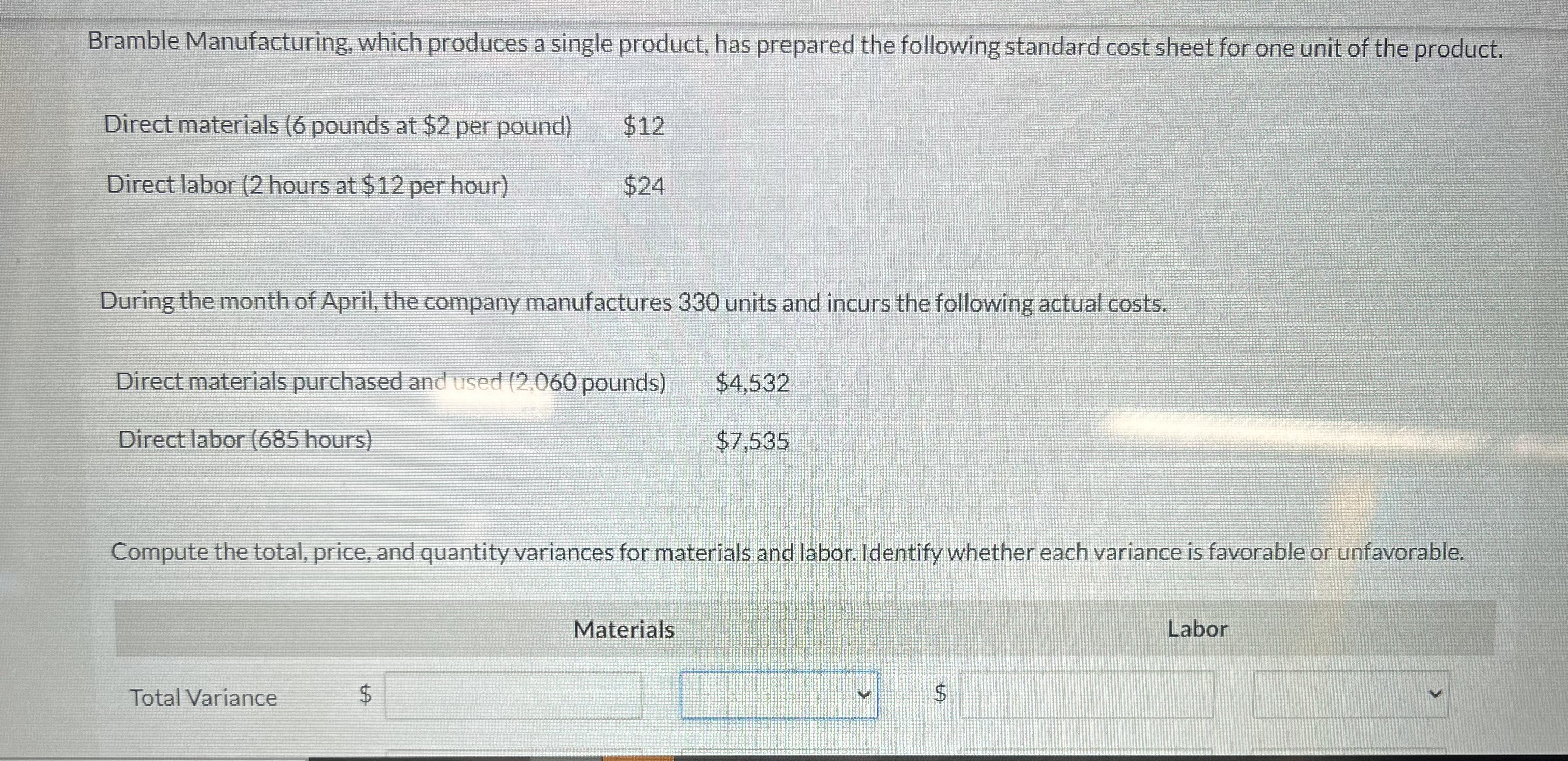 Solved Compute the total variance price variance, and | Chegg.com