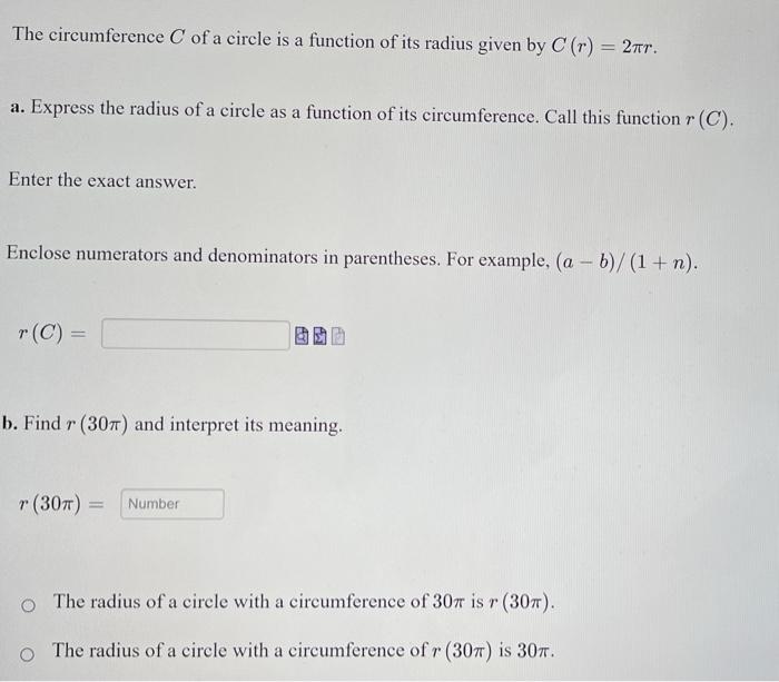 Solved The circumference C of a circle is a function of its | Chegg.com