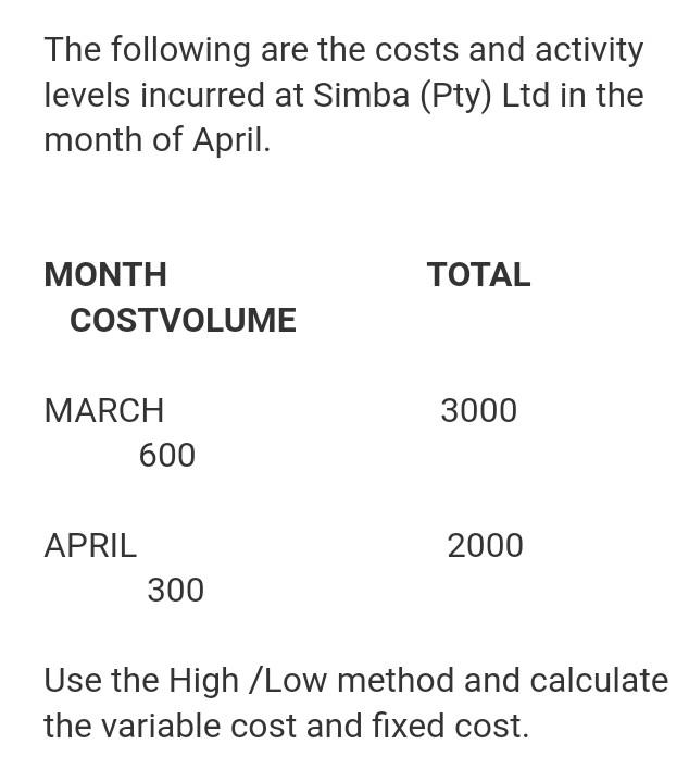 Solved The following are the costs and activity levels | Chegg.com