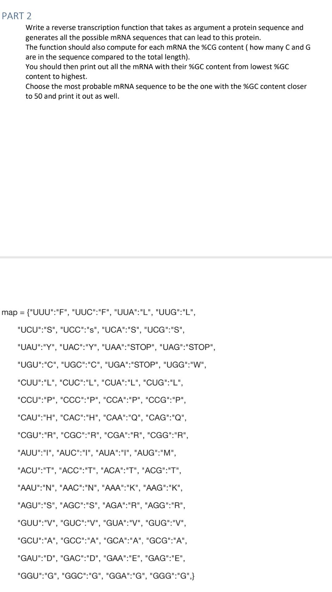 Solved PART 2 Write a reverse transcription function that | Chegg.com