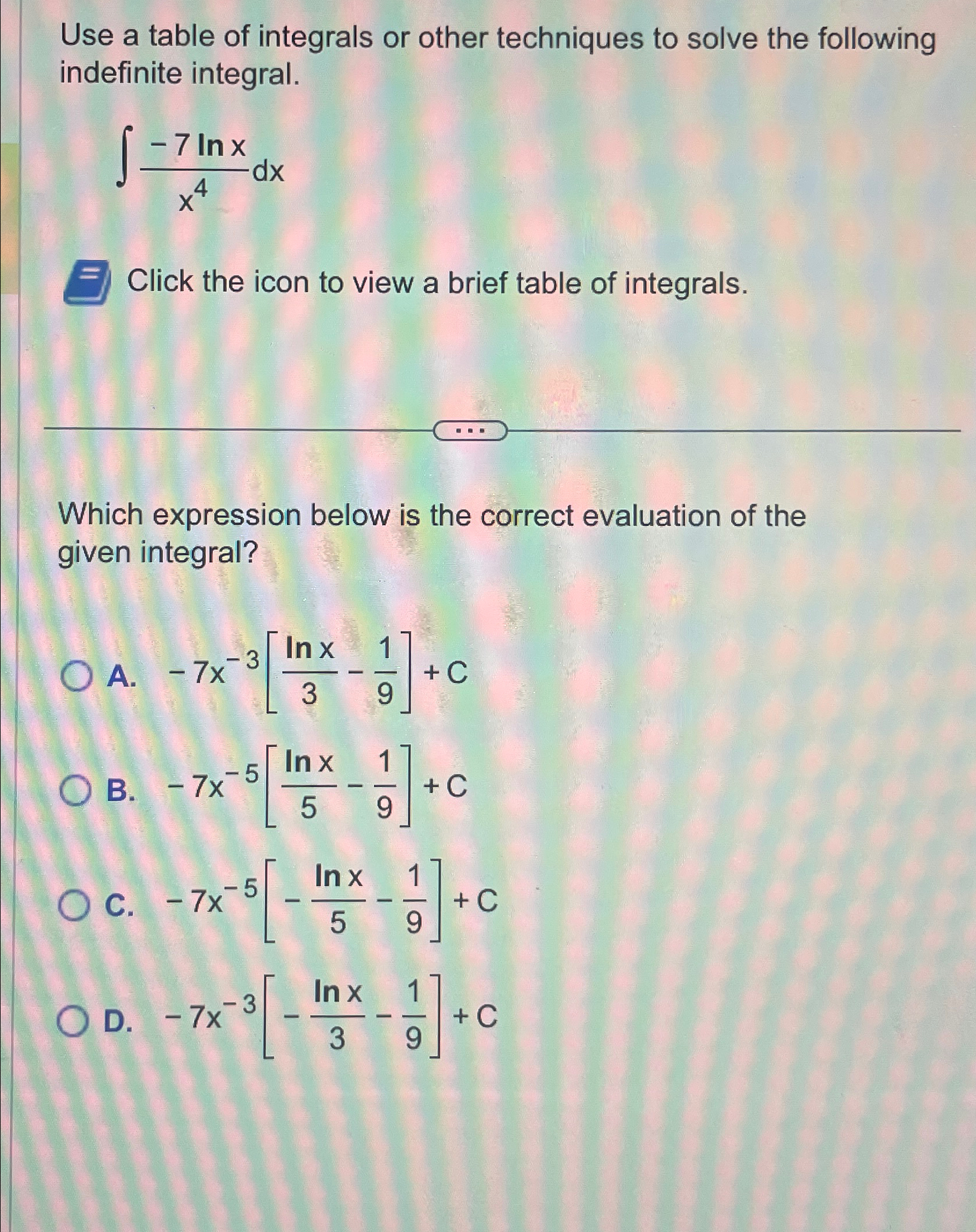 Solved Use a table of integrals or other techniques to solve | Chegg.com