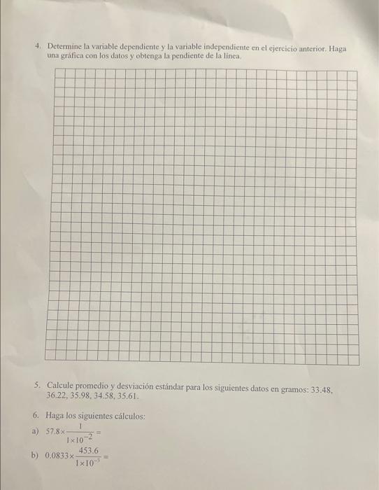 4. Determine la variable dependiente y la variable independiente en el ejercicio anterior. Haga una grafiea con los datos y o