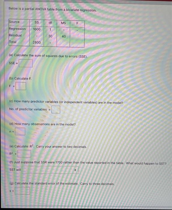 Solved Below is a partial ANOVA table from a bivariate | Chegg.com