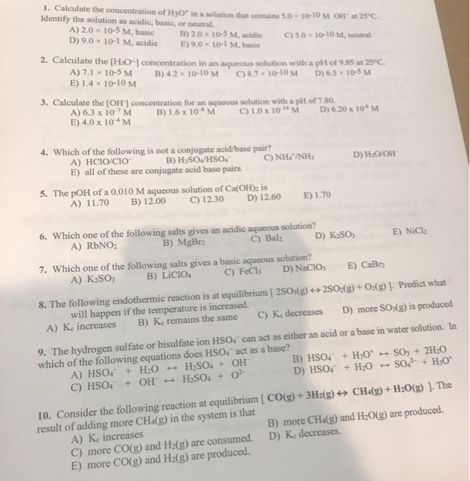 Solved 1. Calculate the concentration of H30