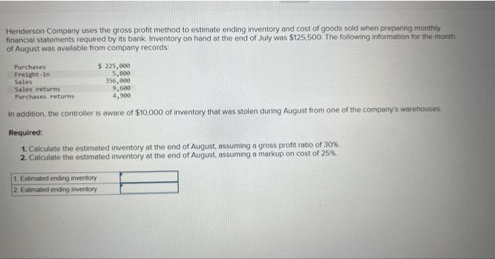 Solved Henderson Company uses the gross profit method to | Chegg.com