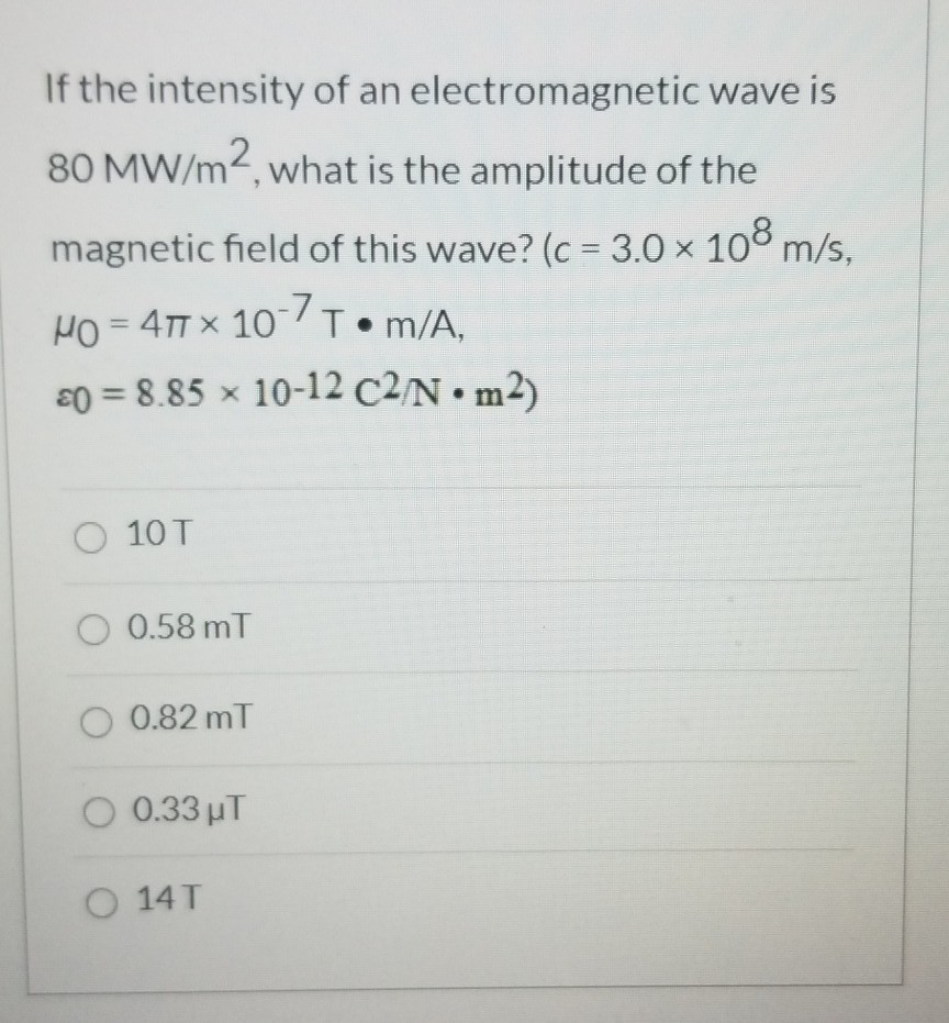 Solved If the intensity of an electromagnetic wave is 80 | Chegg.com