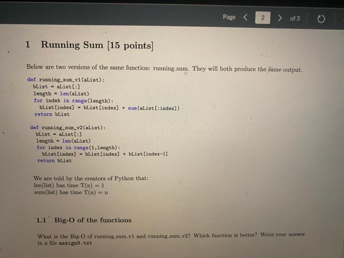 Solved Page く 2 > of 3 1 Running Sum (15 points) Below are | Chegg.com