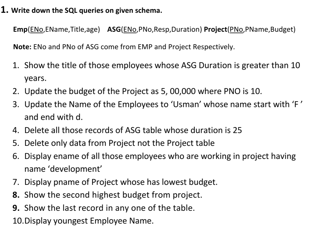 Solved 1. Write down the SQL queries on given schema. | Chegg.com