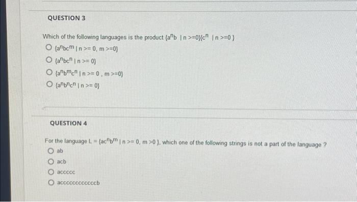 Which of the following languages is the product \( \left.\left\{a^{n} b \mid n>=0\right\} c^{n} \mid n>=0\right\} \)
\[
\begi