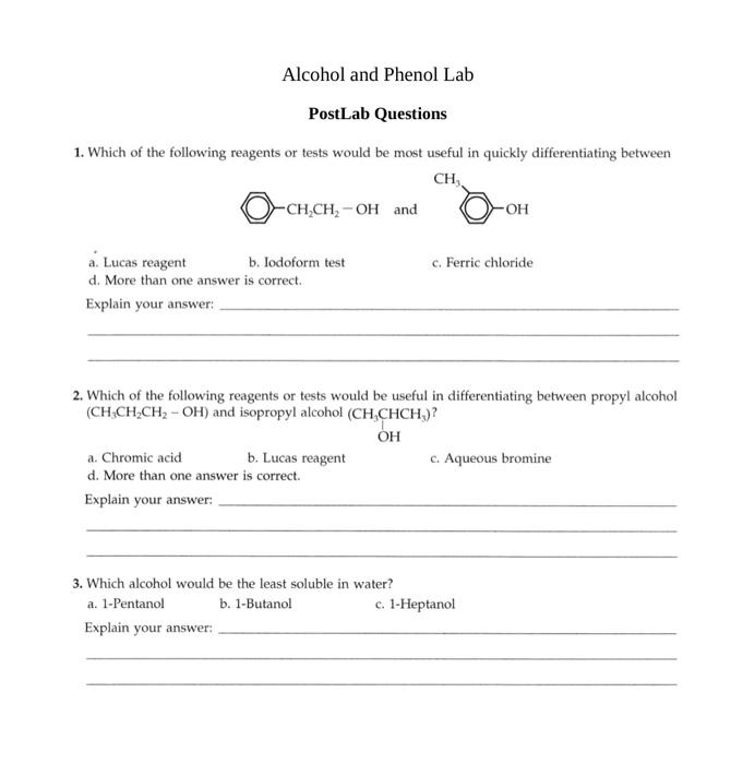 Alcohol and Phenol Lab Results From tests AF, fill