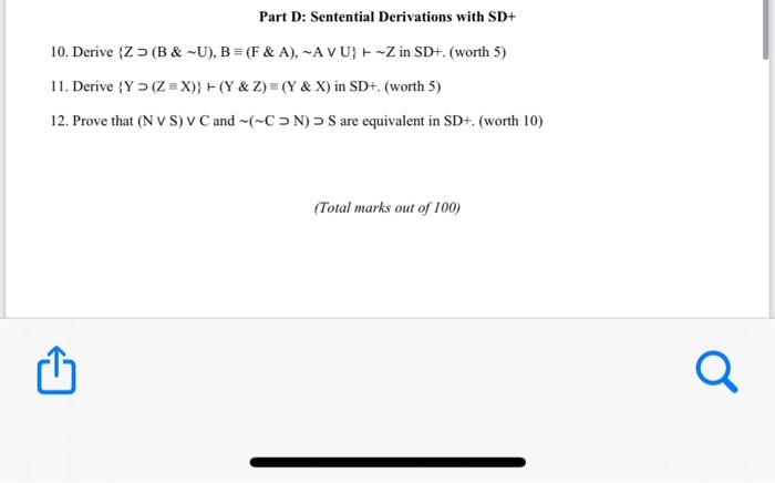 Solved Part D: Sentential Derivations with SD+ 0 . Derive | Chegg.com