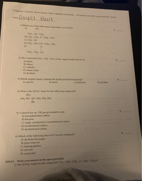 Homework 2 Alcohol Thiols Phenols Fers Aldehydes Chegg 