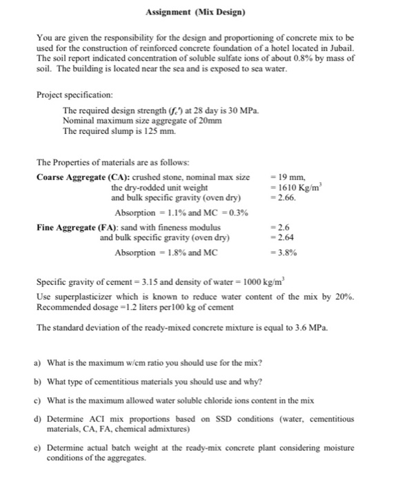 Solved Assignment (Mix Design) You are given the | Chegg.com