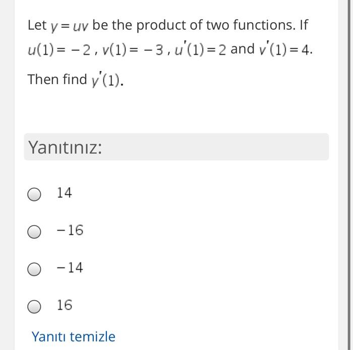 Solved Let Y Uv Be The Product Of Two Functions If U 1 Chegg Com