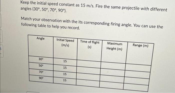 Solved Keep the initial speed constant as 15 m/s. Fire the | Chegg.com