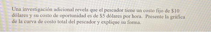 Una investigación adicional revela que el pescador tiene un costo fijo de \( \$ 10 \) dólares y su costo de oportunidad es de