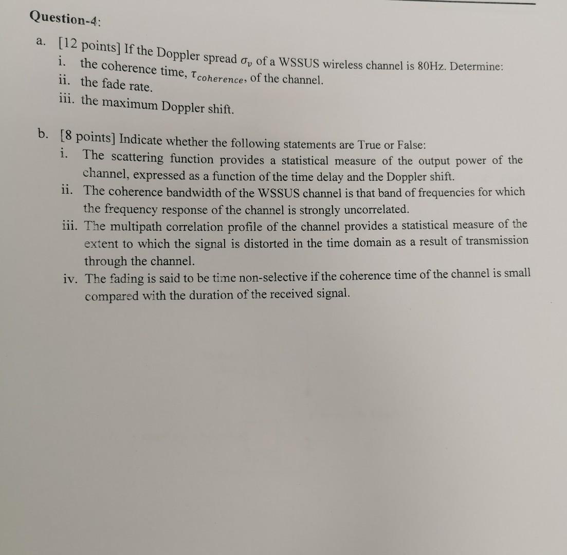 Solved a. [12 points ] If the Doppler spread σv of a WSSUS | Chegg.com