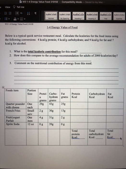 Solved a ws 14 Energy Value Food 21915E Compatibility
