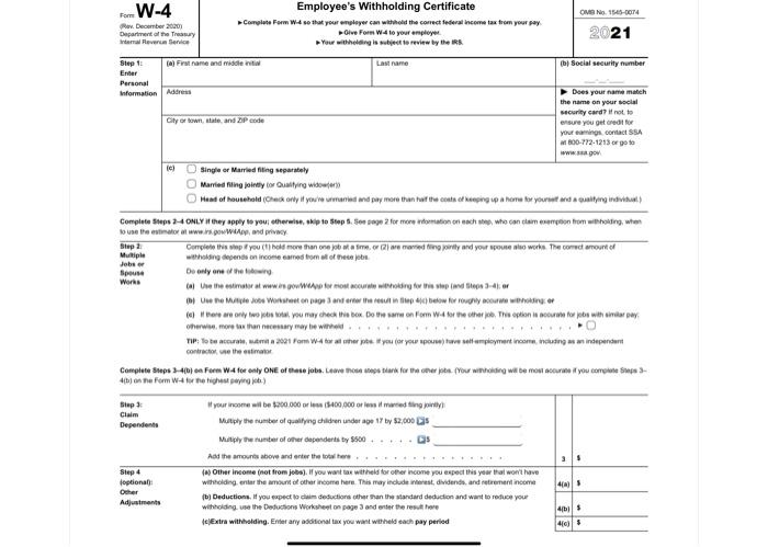 Nobe that this Form W-4 is not being sent to the IRS. | Chegg.com