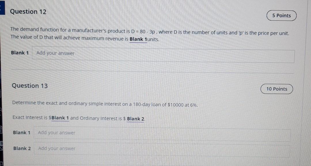 Solved Question 12 5 Points The demand function for a | Chegg.com