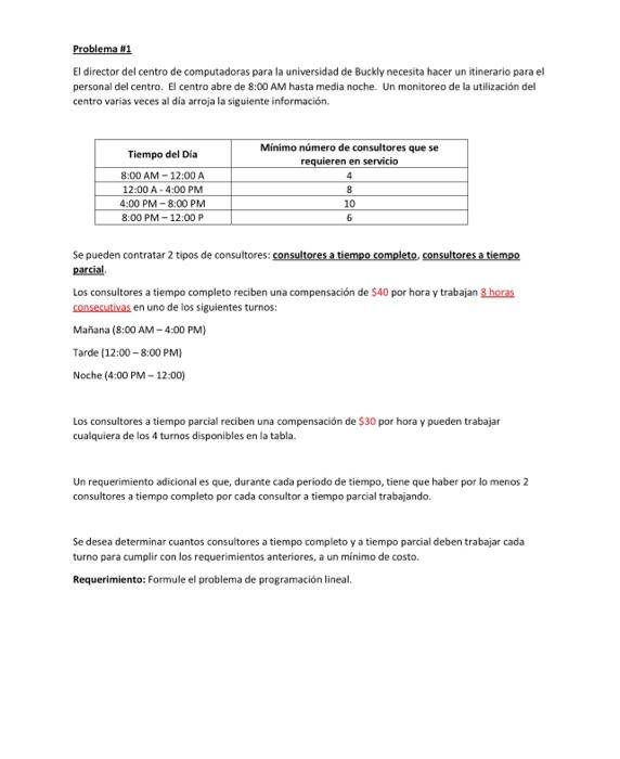 Problema II1 El director del centro de computadoras para la universidad de Buckly necesita hacer un itinerario para el person