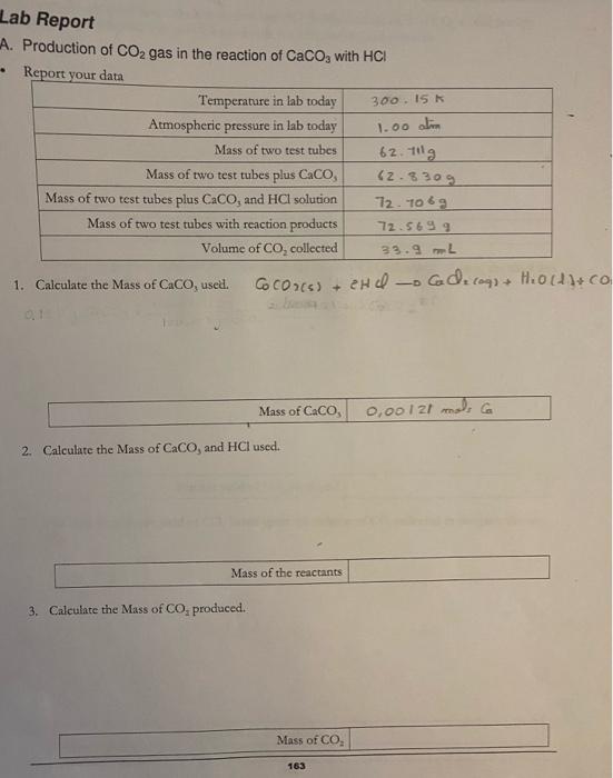 Solved Lab Report 300.15 1.00 atin A. Production of CO2 gas | Chegg.com