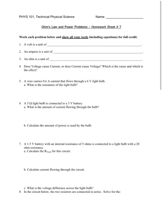 Solved PHYS 101, Technical Physical Science Name: Ohm's Law | Chegg.com