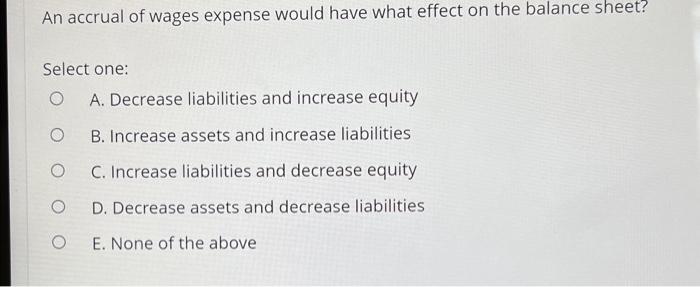 Solved An accrual of wages expense would have what effect on | Chegg.com