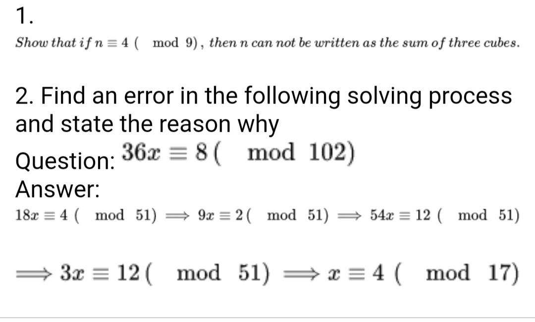Solved 1. Show that if n≡4(mod9), then n can not be written | Chegg.com