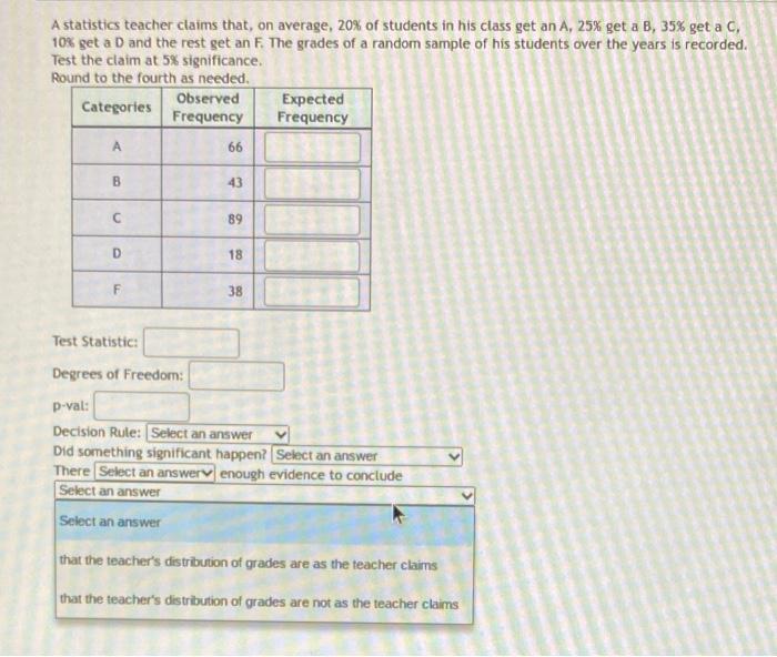 Solved A statistics teacher claims that, on average, 20% of | Chegg.com