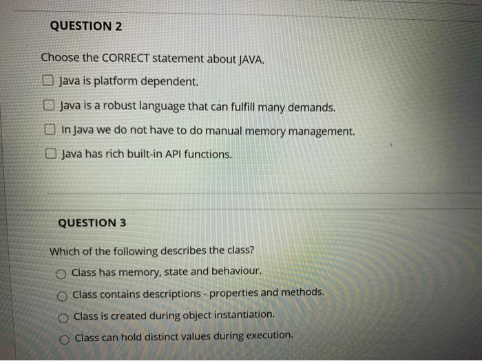 Solved QUESTION 2 Choose the CORRECT statement about JAVA. | Chegg.com