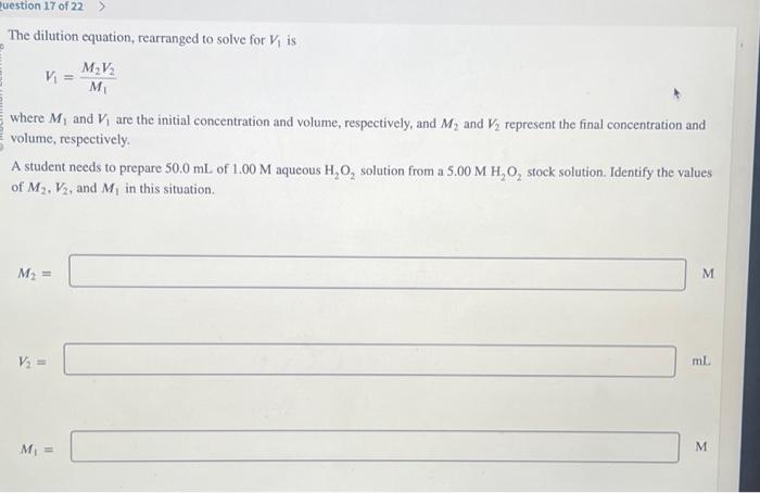 Solved The dilution equation, rearranged to solve for V1 is | Chegg.com