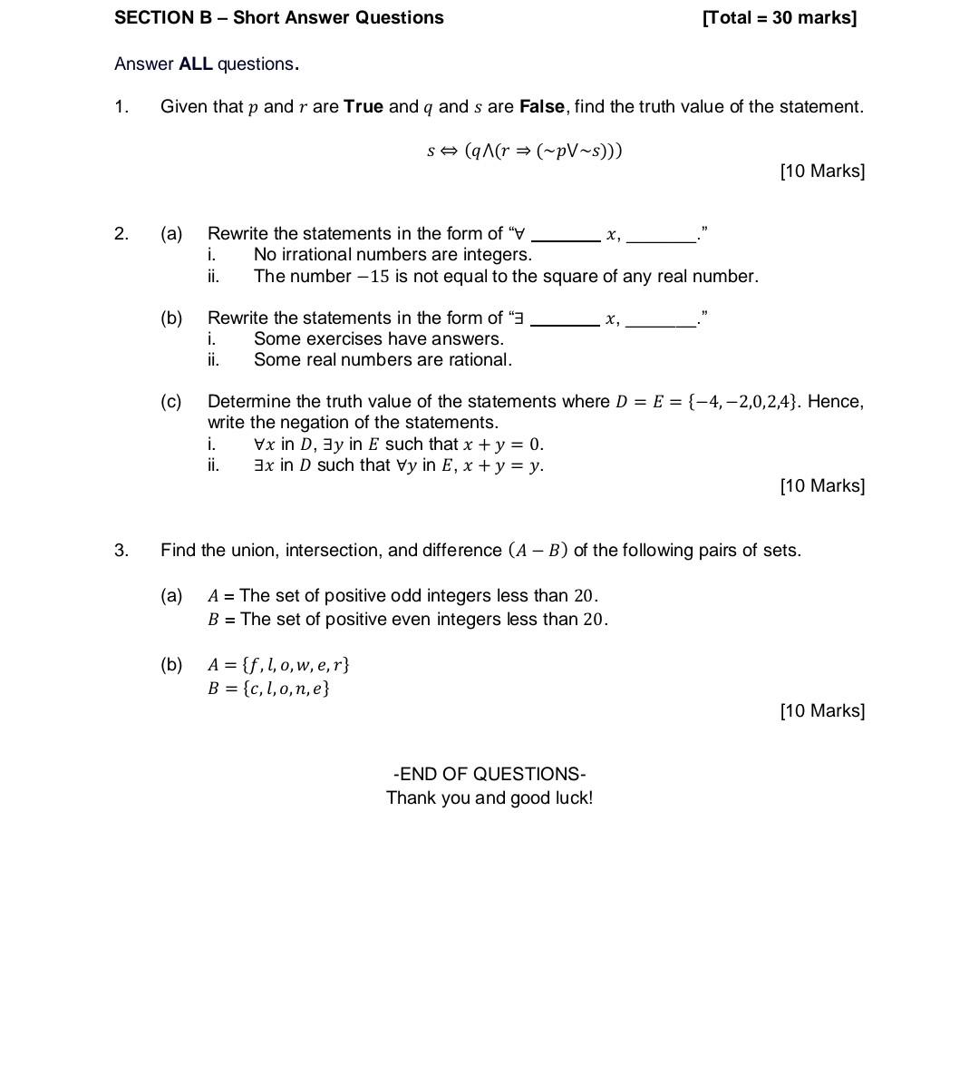 Solved SECTION B - Short Answer Questions [Total = 30 marks] | Chegg.com