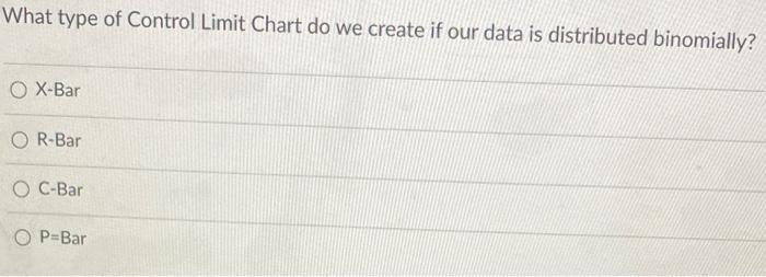 What type of Control Limit Chart do we create if our data is distributed binomially?
O X-Bar
R-Bar
O C-Bar
OP-Bar