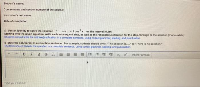 Solved Student's name: Course name and section number of the | Chegg.com