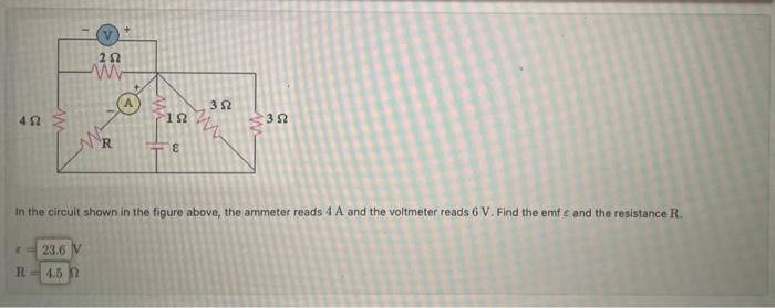 In the circuit shown in the figure above, the ammeter reads \( 4 \mathrm{~A} \) and the voltmeter reads \( 6 \mathrm{~V} \).